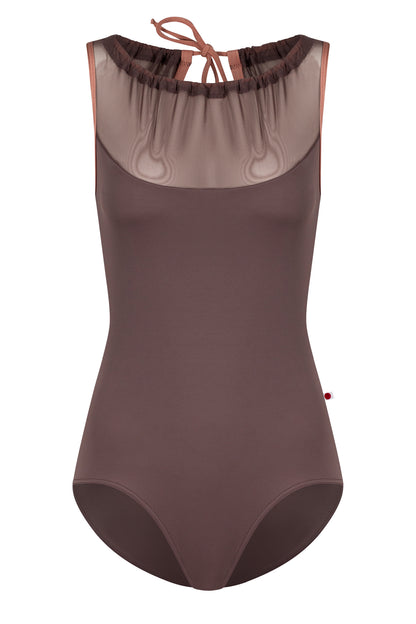 Paris leotard in Phantom, mocha-brown with a sheer gathered mesh boat neckline. 