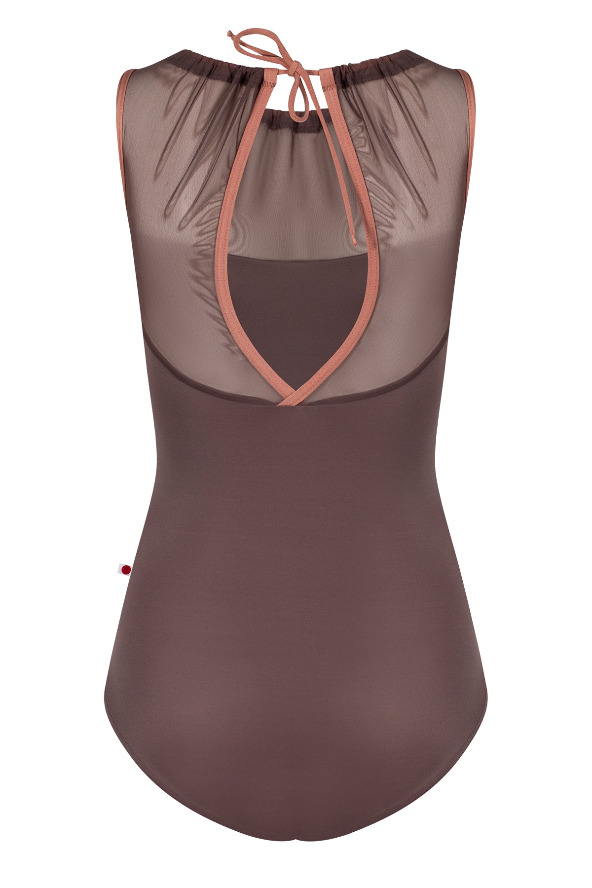 Paris leotard in Phantom, mocha-brown with a sheer gathered mesh boat neckline. 