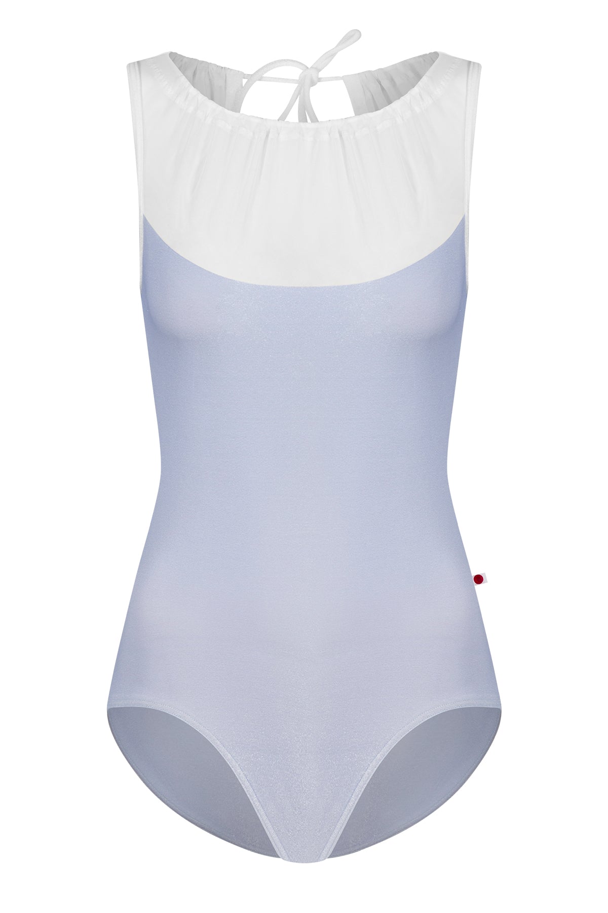 Paris leotard in Serenade, pale periwinkle velvet with a cream gathered mesh boat neckline. 