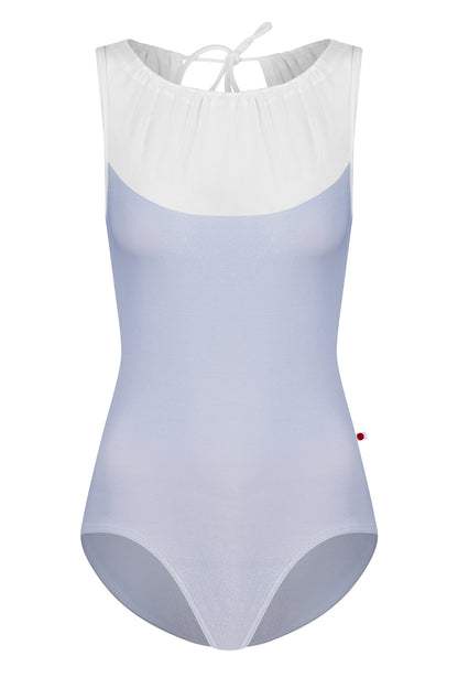 Paris leotard in Serenade, pale periwinkle velvet with a cream gathered mesh boat neckline. 