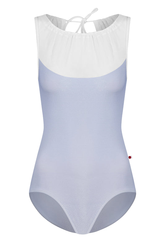 Paris leotard in Serenade, pale periwinkle velvet with a cream gathered mesh boat neckline. 
