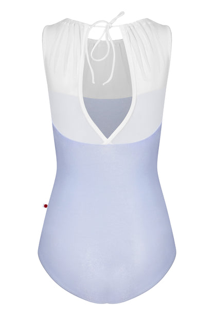 Paris leotard in Serenade, pale periwinkle velvet with a cream gathered mesh boat neckline. 