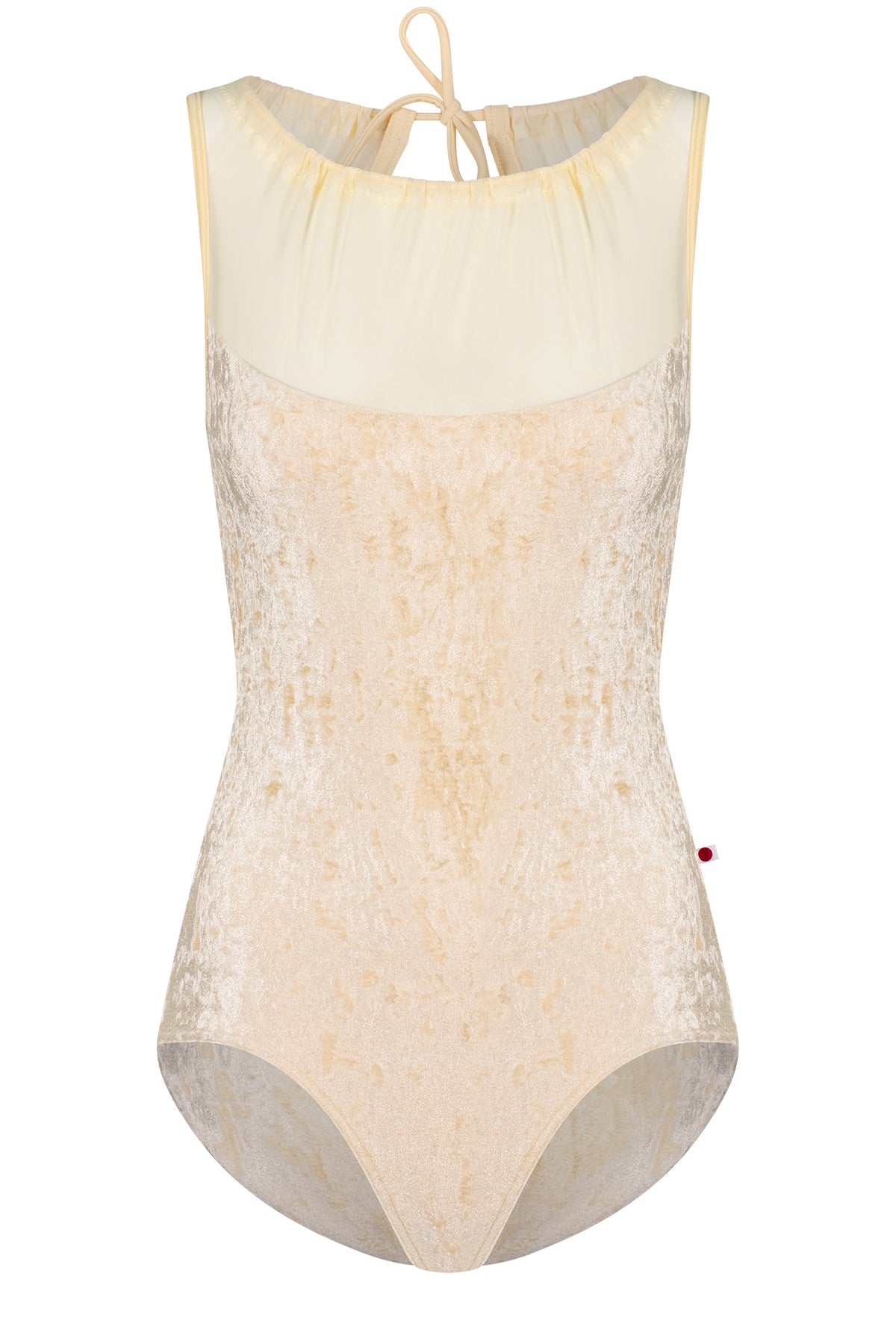 Paris leotard in Vanilla, cream velvet with a gathered mesh boat neckline. 