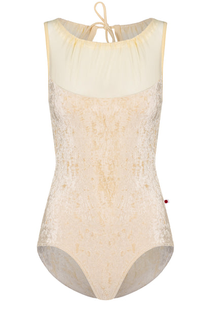 Paris leotard in Vanilla, cream velvet with a gathered mesh boat neckline. 