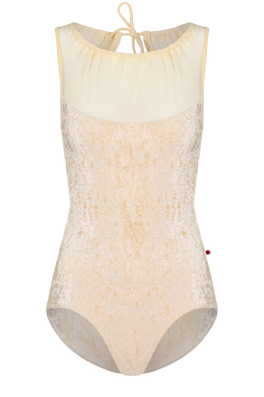 Paris leotard in Vanilla, cream velvet with a gathered mesh boat neckline. 