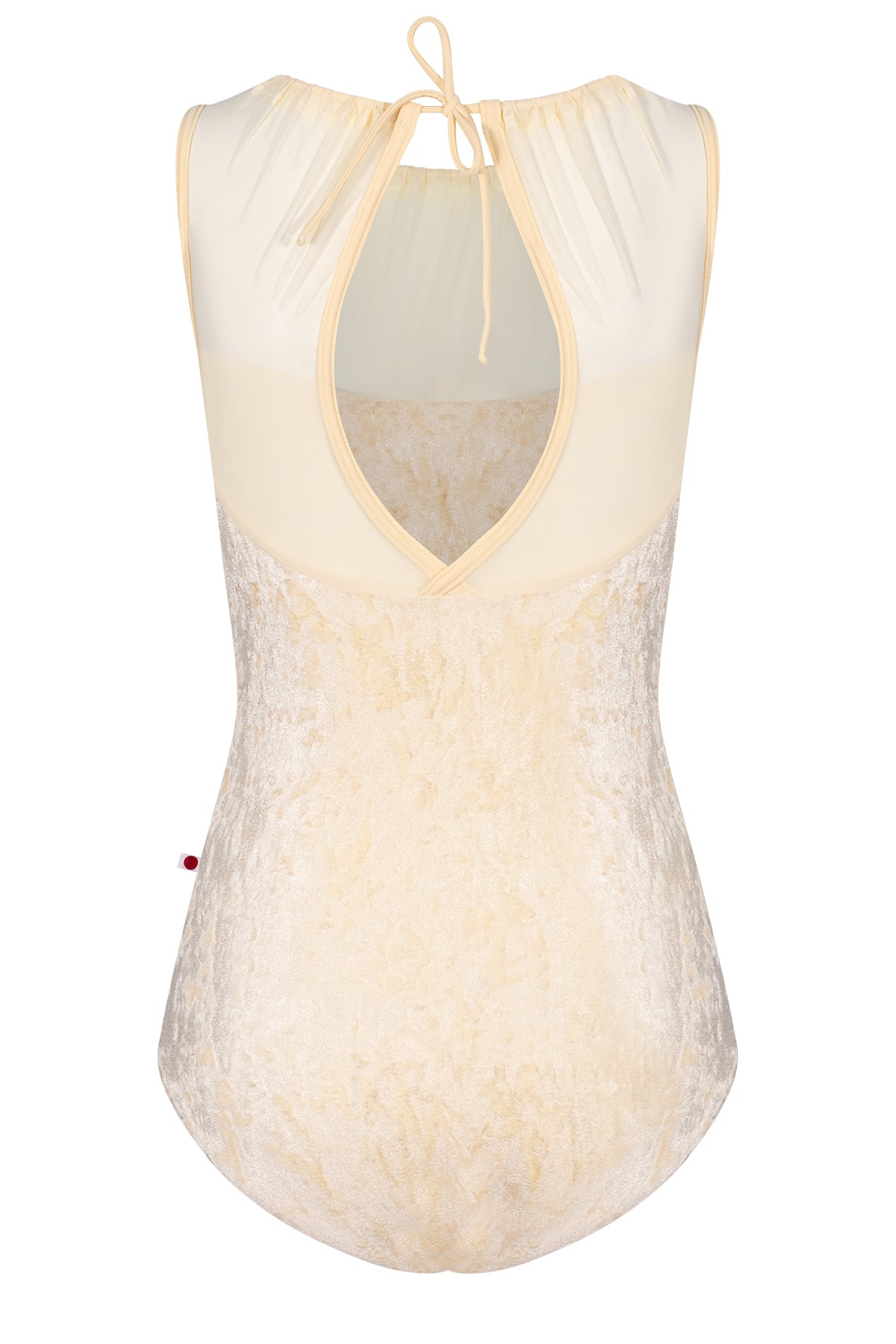 Paris leotard in Vanilla, cream velvet with a gathered mesh boat neckline. 