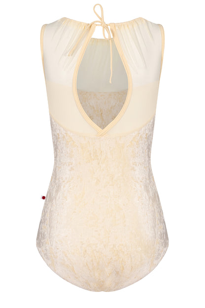 Paris leotard in Vanilla, cream velvet with a gathered mesh boat neckline. 