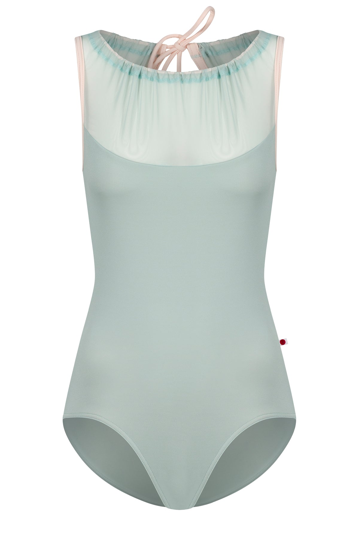Paris leotard in Whisper, pale sage-green with a sheer gathered mesh boat neckline and pink straps. 