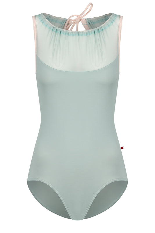Paris leotard in Whisper, pale sage-green with a sheer gathered mesh boat neckline and pink straps. 