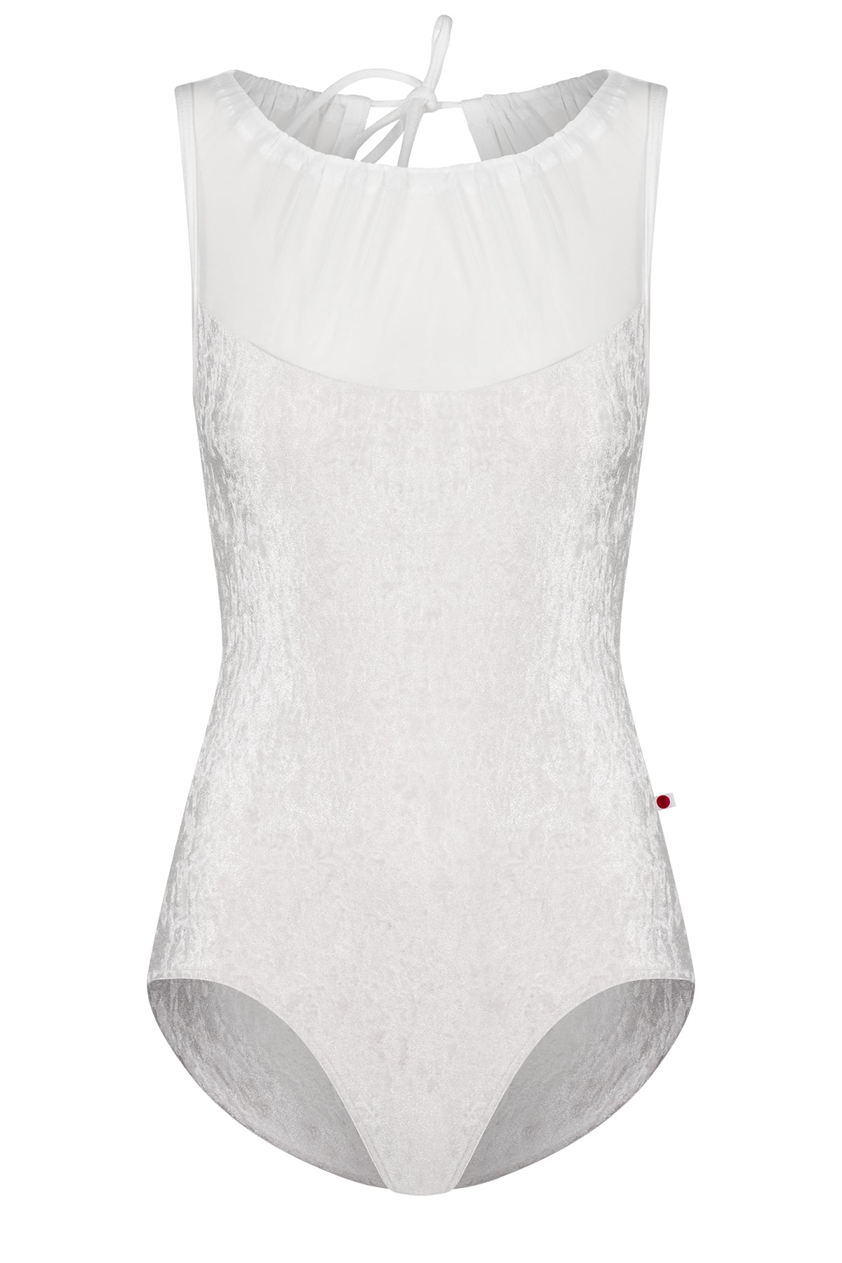 Paris leotard in White, white velvet with a blush gathered mesh boat neckline.