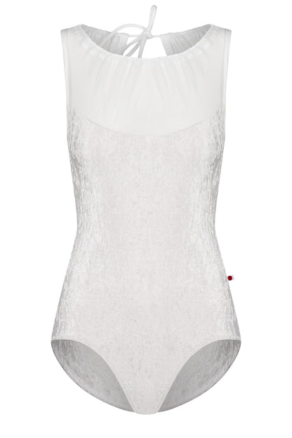 Paris leotard in White, white velvet with a blush gathered mesh boat neckline.