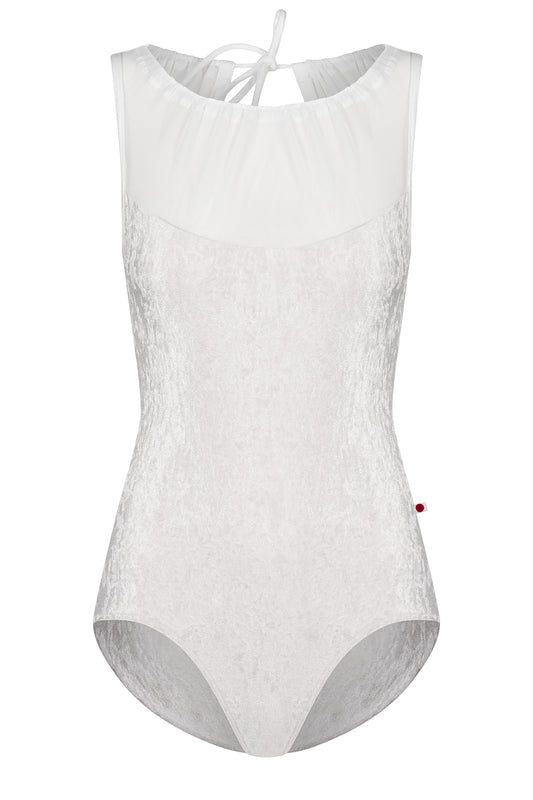 Paris leotard in White, white velvet with a blush gathered mesh boat neckline.