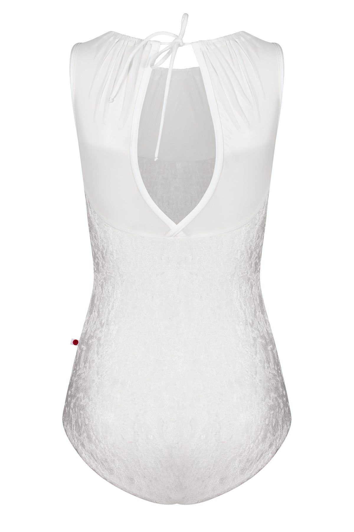 Paris leotard in White, white velvet with a blush gathered mesh boat neckline.