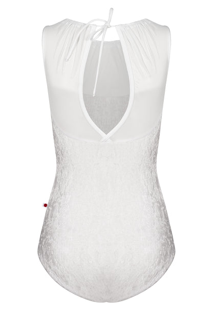 Paris leotard in White, white velvet with a blush gathered mesh boat neckline.