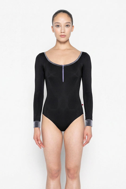 Chloe leotard in N-Black body color with Mesh Black top color, N-Black sleeves, N-Poem zipper & V-Steel trim color
