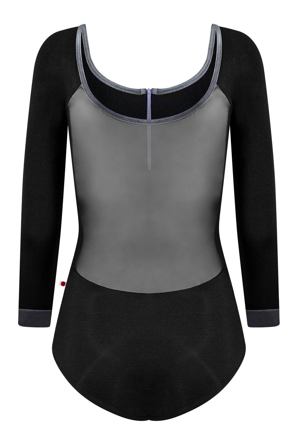 Chloe leotard in N-Black body color with Mesh Black top color, N-Black sleeves, N-Poem zipper & V-Steel trim color