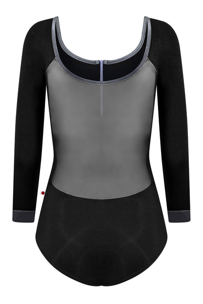 Chloe leotard in N-Black body color with Mesh Black top color, N-Black sleeves, N-Poem zipper & V-Steel trim color