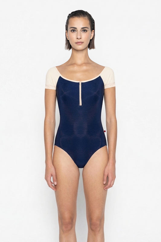 Chloe leotard in N-Dark Blue body color with Mesh Dark Blue top color, N-Pearl sleeves and zipper & V-Buttermilk trim color