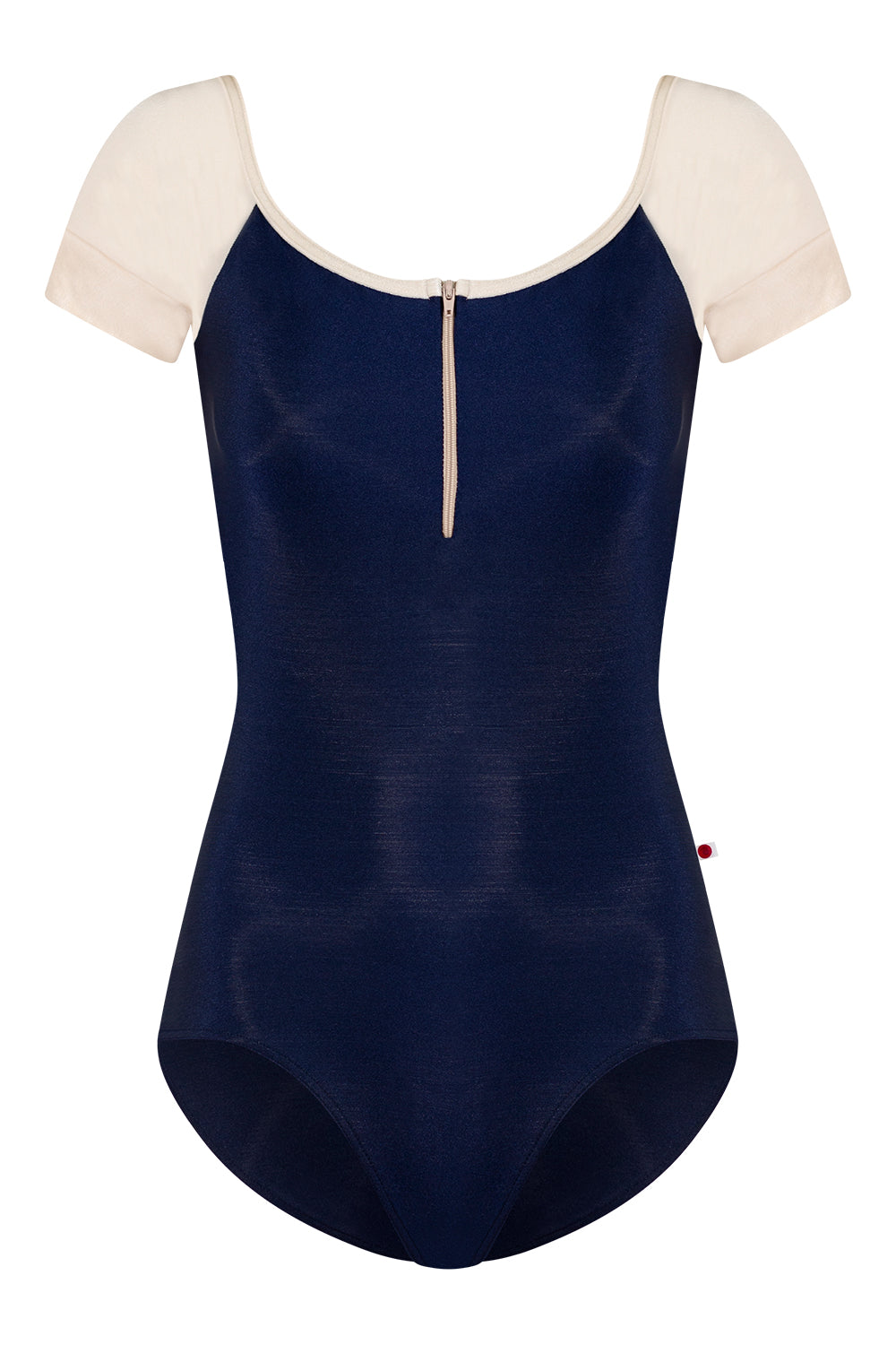 Chloe leotard in N-Dark Blue body color with Mesh Dark Blue top color, N-Pearl sleeves and zipper & V-Buttermilk trim color
