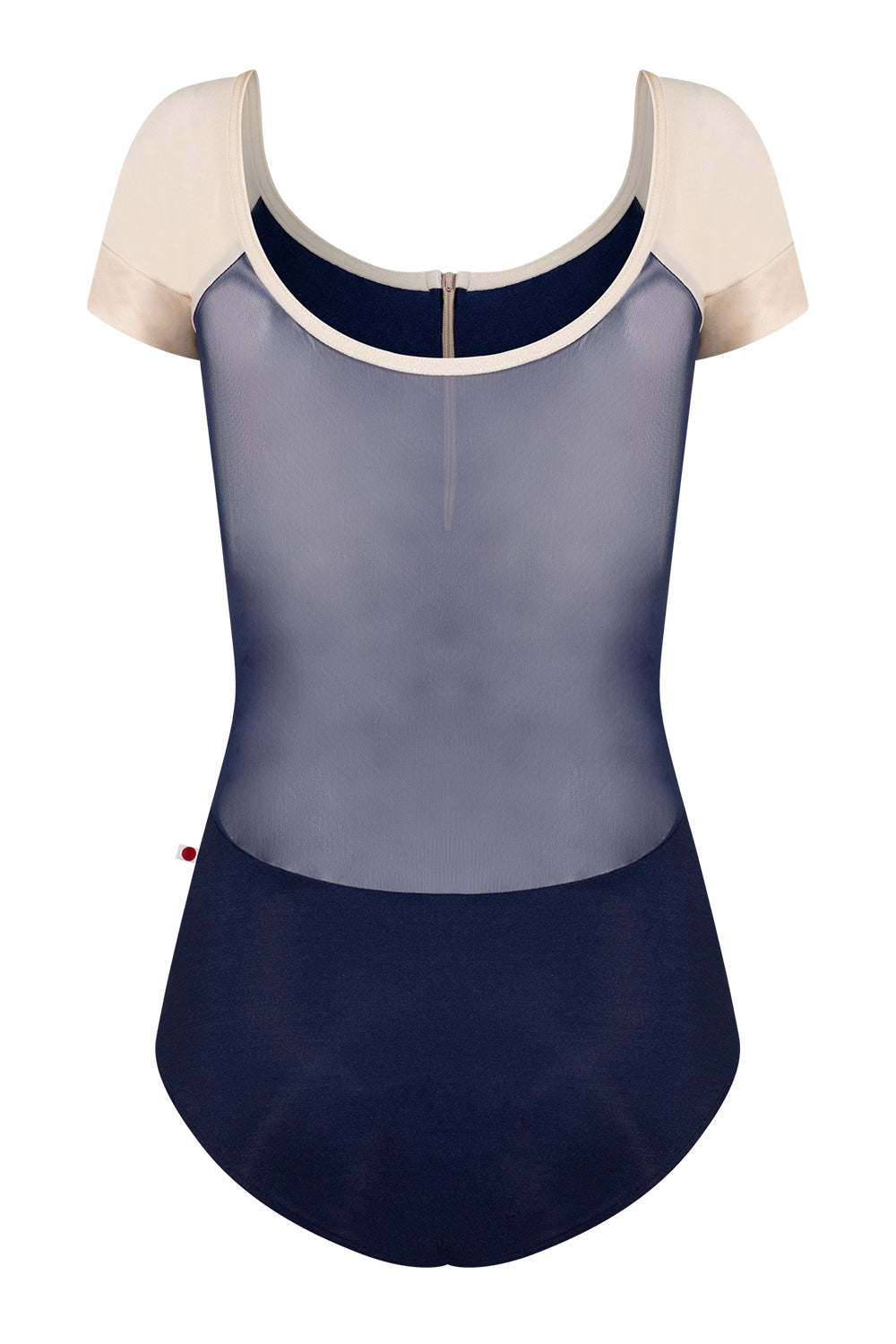 Chloe leotard in N-Dark Blue body color with Mesh Dark Blue top color, N-Pearl sleeves and zipper & V-Buttermilk trim color