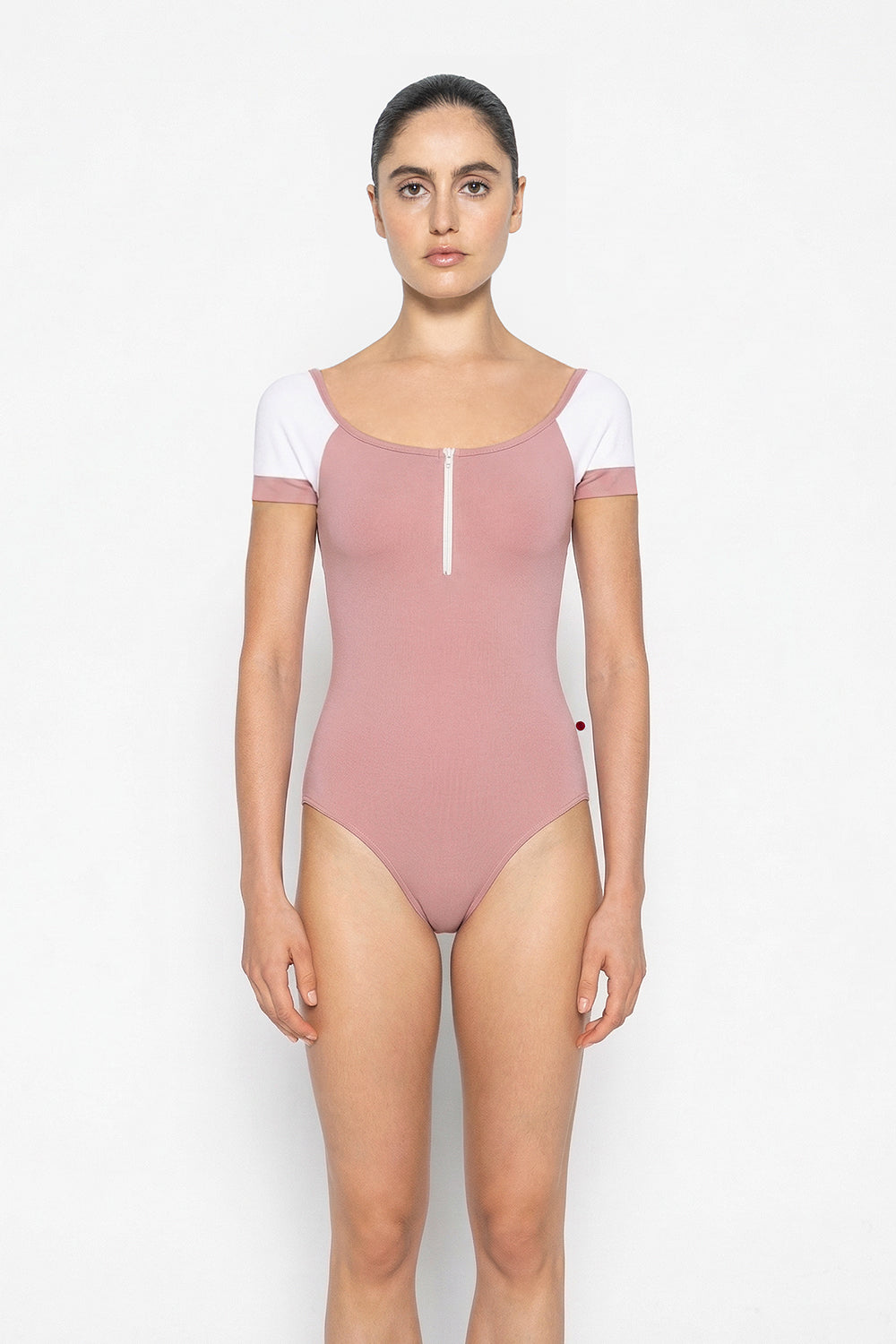 Chloe leotard in T-Petal body color with Mesh Blush top color, T-White sleeves and zipper & T-Petal trim color