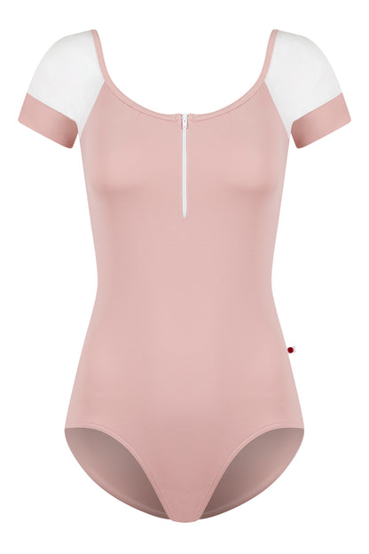Chloe leotard in T-Petal body color with Mesh Blush top color, T-White sleeves and zipper & T-Petal trim color