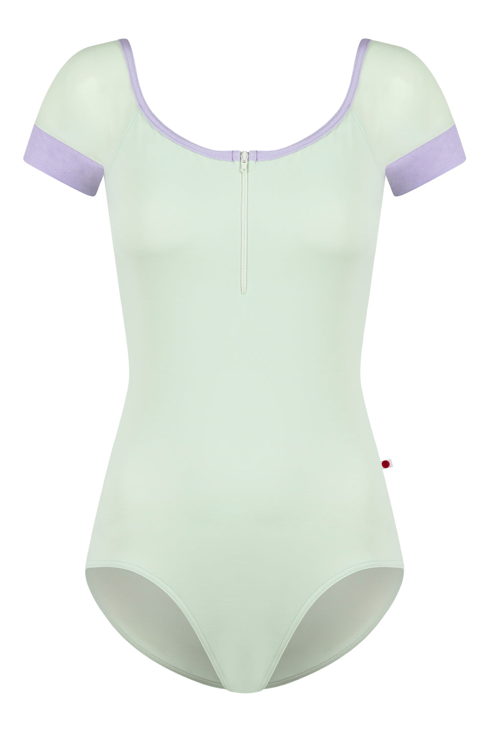 Chloe leotard in T-Pistachio body color with Mesh White top color, T-Pistachio sleeves and zipper & N-Poem trim color