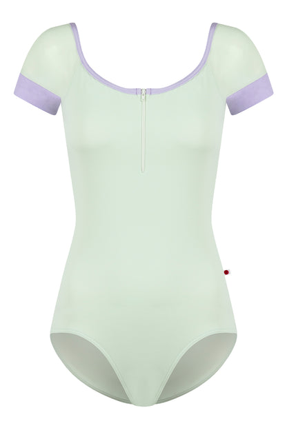 Chloe leotard in T-Pistachio body color with Mesh White top color, T-Pistachio sleeves and zipper & N-Poem trim color