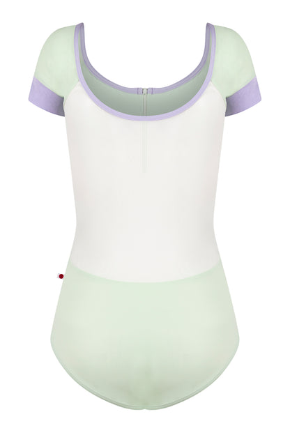 Chloe leotard in T-Pistachio body color with Mesh White top color, T-Pistachio sleeves and zipper & N-Poem trim color