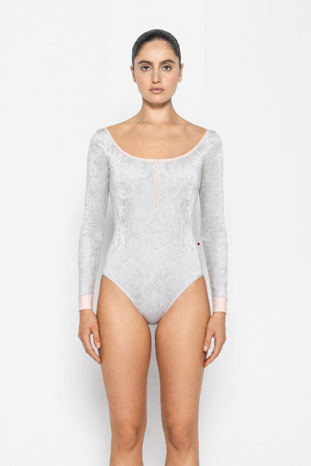 Chloe leotard in CV-Silver body color with Mesh White top color, CV-Silver sleeves and T-Misty Rose zipper & trim color