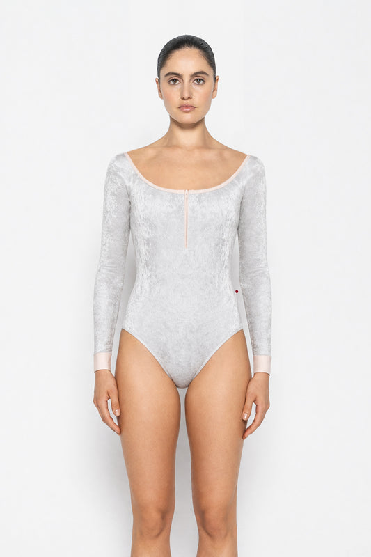 Chloe leotard in CV-Silver body color with Mesh White top color, CV-Silver sleeves and T-Misty Rose zipper & trim color