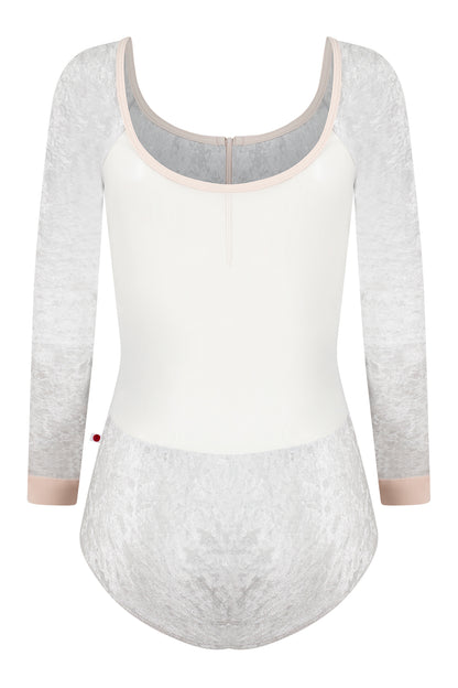 Chloe leotard in CV-Silver body color with Mesh White top color, CV-Silver sleeves and T-Misty Rose zipper & trim color