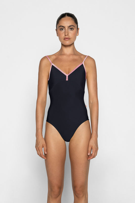 Daria leotard in N-Black body & top color with V-Dreamy trim color