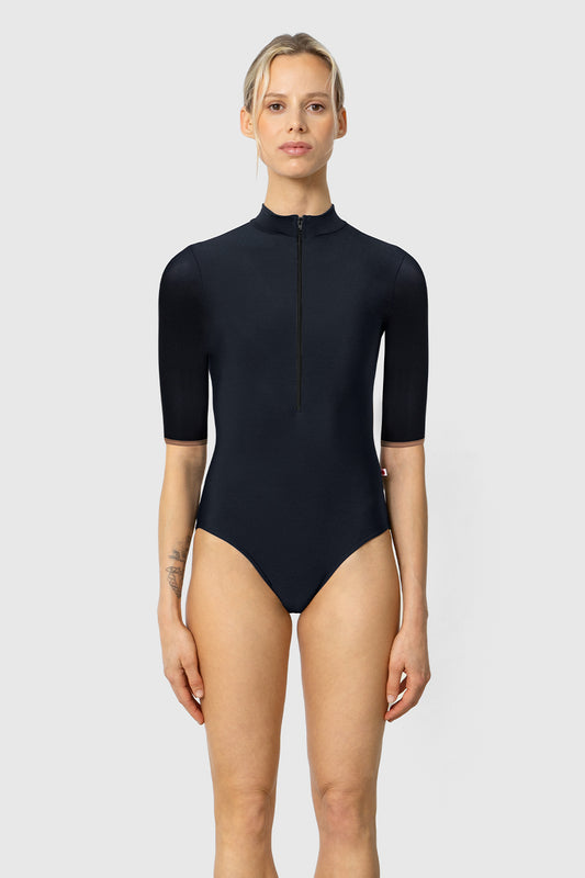 Jessica leotard in N-Black body color with T-Sepia trim color and N-Black zipper & half sleeves