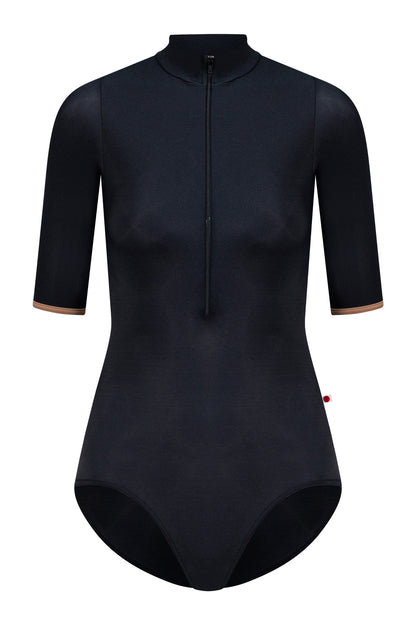 Jessica leotard in N-Black body color with T-Sepia trim color and N-Black zipper & half sleeves