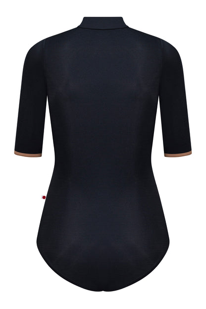 Jessica leotard in N-Black body color with T-Sepia trim color and N-Black zipper & half sleeves
