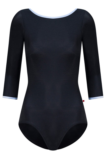 Sofiane leotard in N-Black body color with 3Q Sleeves and V-Serenade trim color