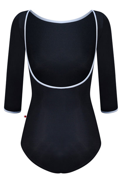 Sofiane leotard in N-Black body color with 3Q Sleeves and V-Serenade trim color