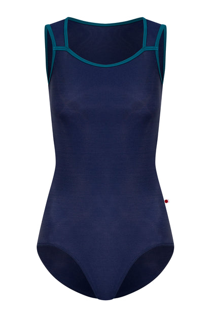 Becky leotard in N-Dark Blue body & top color with T-Zenith trim color