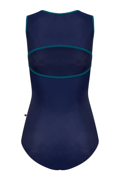 Becky leotard in N-Dark Blue body & top color with T-Zenith trim color