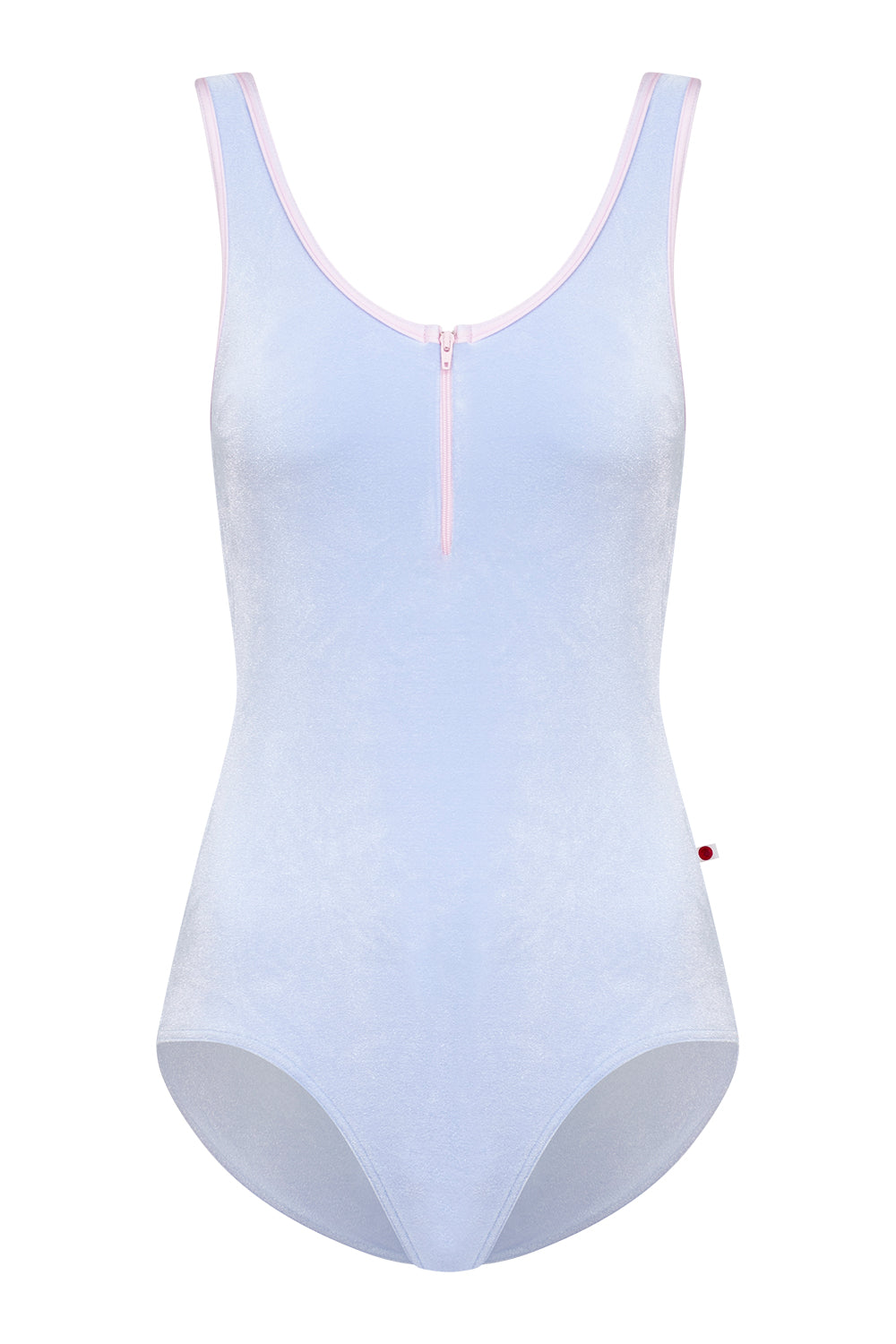 Cora leotard in V-Serenade body color with N-Rose trim & zipper color