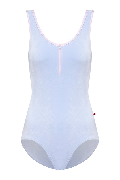 Cora leotard in V-Serenade body color with N-Rose trim & zipper color