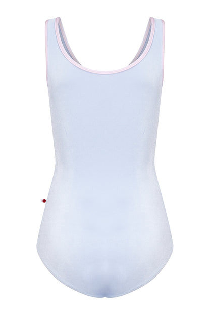 Cora leotard in V-Serenade body color with N-Rose trim & zipper color