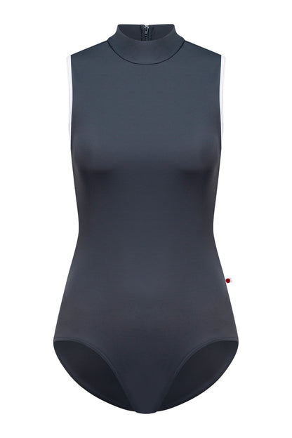 Kumiko leotard in T-Titanium body color with T-White trim color and T-Titanium zipper color