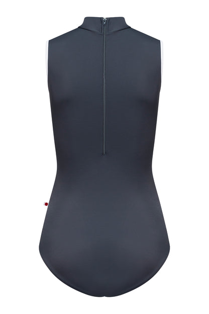 Kumiko leotard in T-Titanium body color with T-White trim color and T-Titanium zipper color