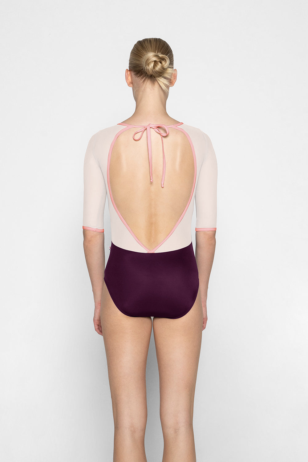 Olivia leotard in N-Opera body color with Mesh Blush top color & half sleeves and N-Antique Rose trim color