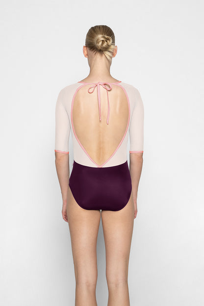 Olivia leotard in N-Opera body color with Mesh Blush top color & half sleeves and N-Antique Rose trim color