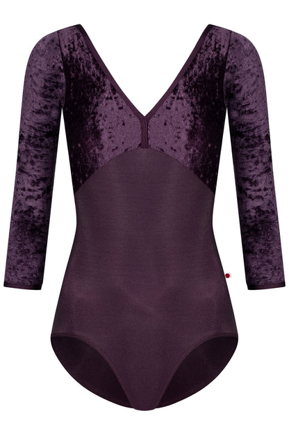 Alicia leotard in N-Eggplant body color with CV-Eggplant top color and N-Eggplant trim color. Features 3Q sleeves