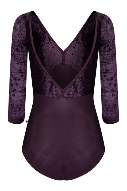 Alicia leotard in N-Eggplant body color with CV-Eggplant top color and N-Eggplant trim color. Features 3Q sleeves