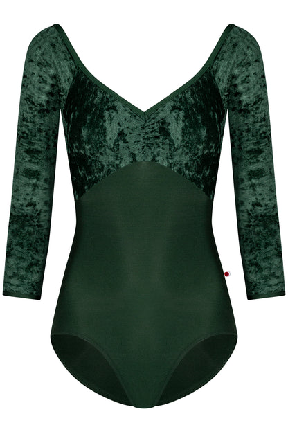 Elli leotard in N-Huntress body color with CV-Pine top color and N-Huntress trim color. Features 3Q sleeves